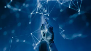 Robottikäsi kurottaa kohti valaistua verkostoa, jonka pisteet on yhdistetty ohuilla viivoilla.