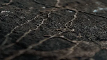 Lähikuva uurteisesta tummasta kalliosta.